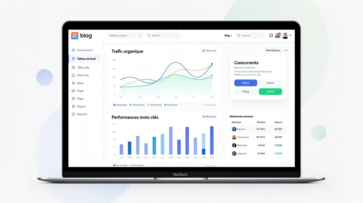 Interface d'analyse SEO français Yooda Insight avec graphiques de données et métriques concurrentielles
