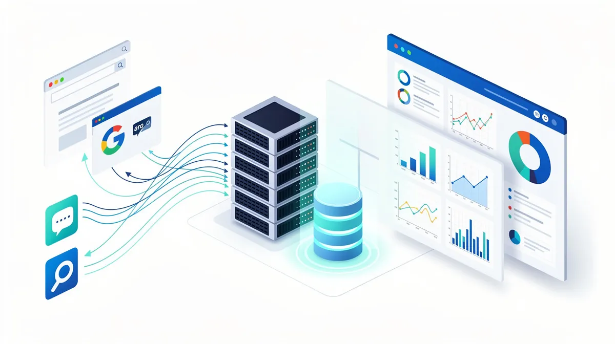 Illustration technique du processus de collecte de données SEO avec moteurs de recherche, bases de données et graphiques d'analyse
