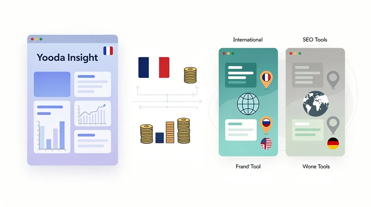 Infographie professionnelle comparant Yooda Insight avec les outils SEO internationaux, fonctionnalités, tarifs et focus marché