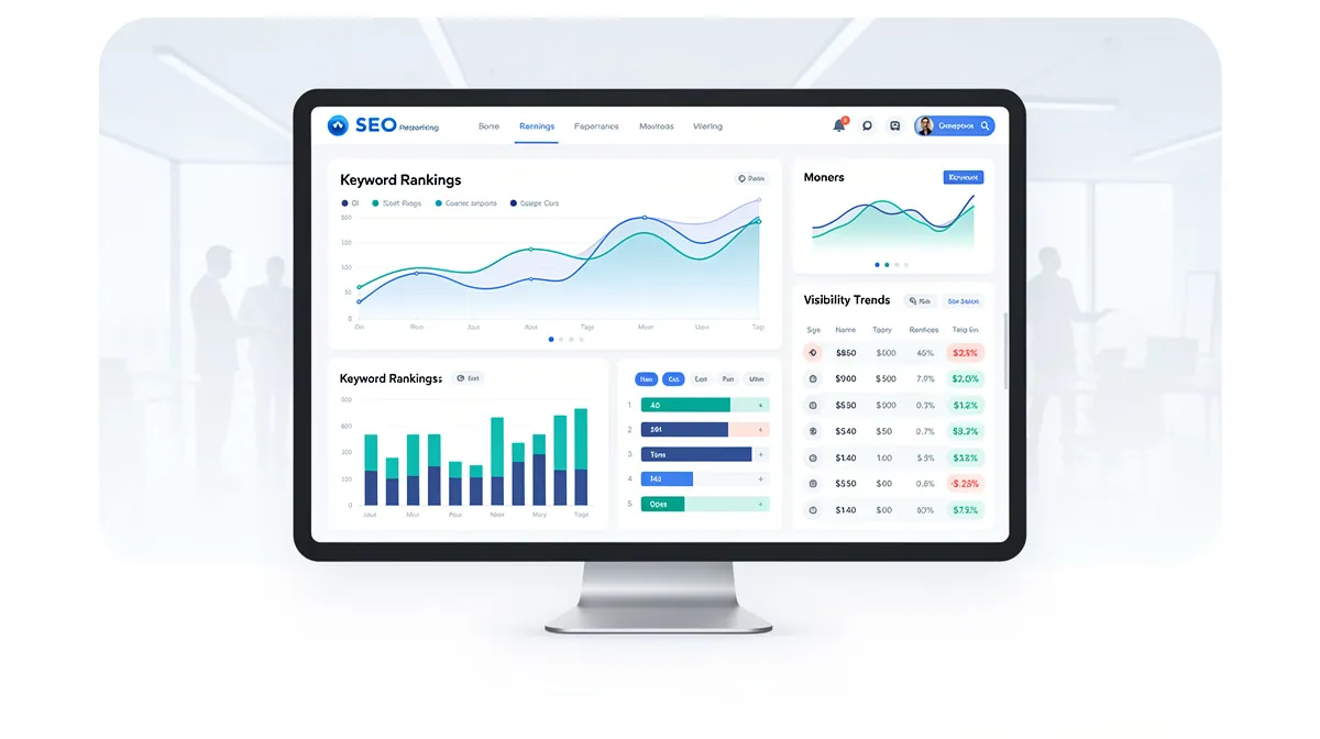 Dashboard SEO moderne de reporting avec graphiques de performances, classements de mots-clés et tendances de visibilité