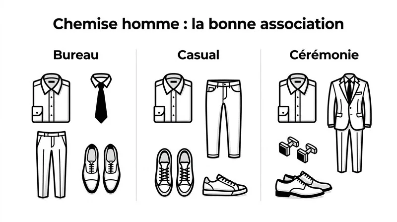 Infographie des associations chemise homme selon l'occasion : bureau, casual, cérémonie