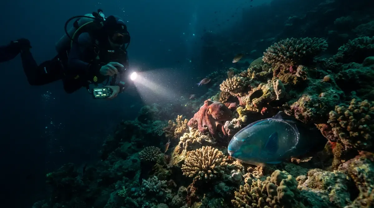 Scuba diving equipment laid out on wooden dock with tropical harbor water in background