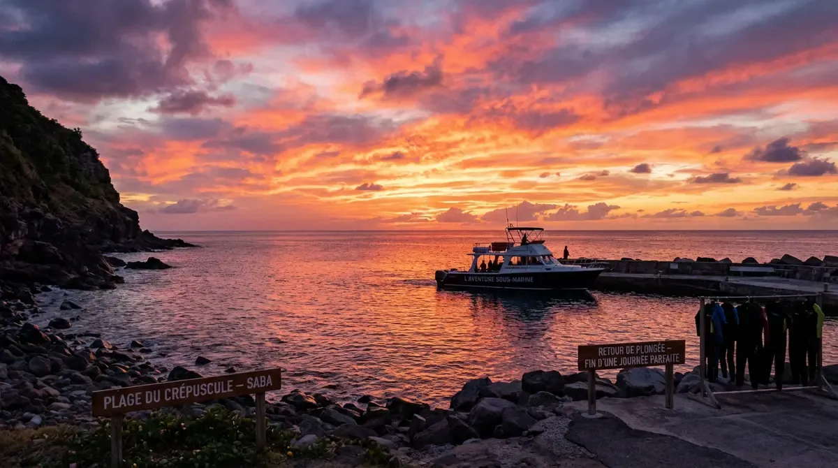 Sunset over calm Caribbean sea seen from Saba coastline with silhouette of dive boat returning to harbor