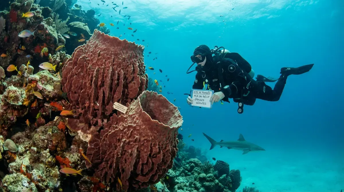 Traditional Caribbean dive boat moored near rocky volcanic coastline with divers gearing up on deck