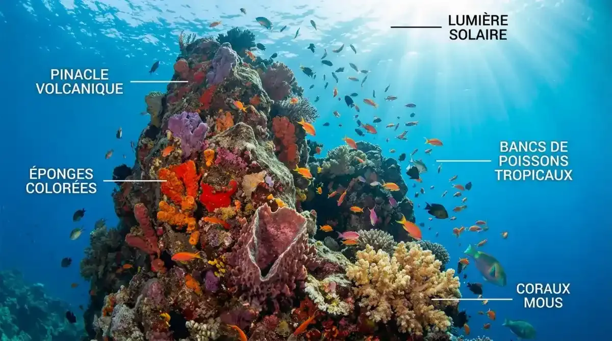 Scuba diver swimming next to massive barrel sponges on a coral reef wall with Caribbean reef shark