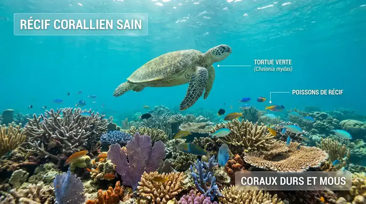 Green sea turtle swimming gracefully over healthy coral reef with variety of hard and soft corals