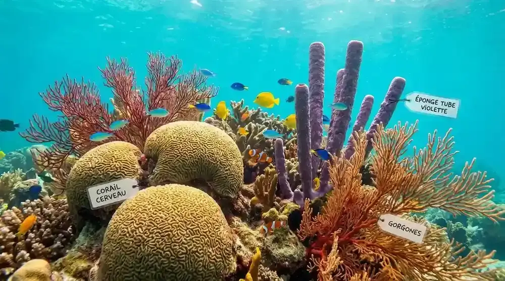 Quaint Caribbean village street showing traditional white houses with red roofs and lush tropical vegetation
