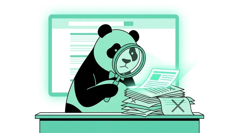 Illustration de l'algorithme Google Panda inspectant des contenus web pour évaluer leur qualité