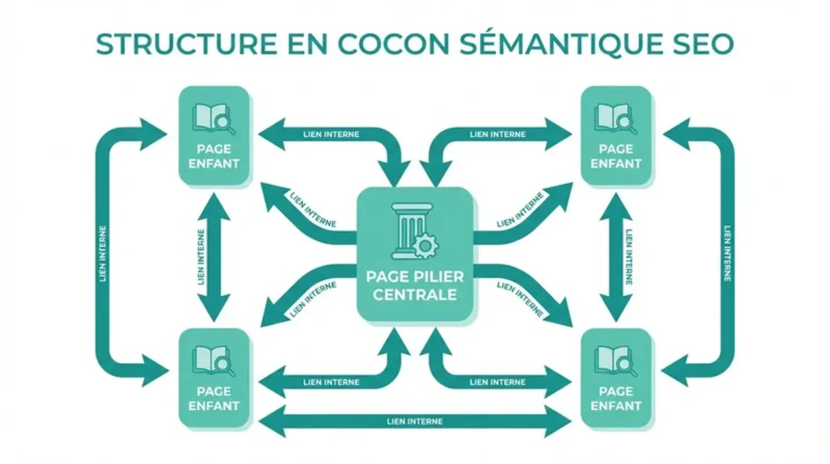 Schéma visuel d'un cocon sémantique avec une page pilier au centre et des pages filles reliées par d