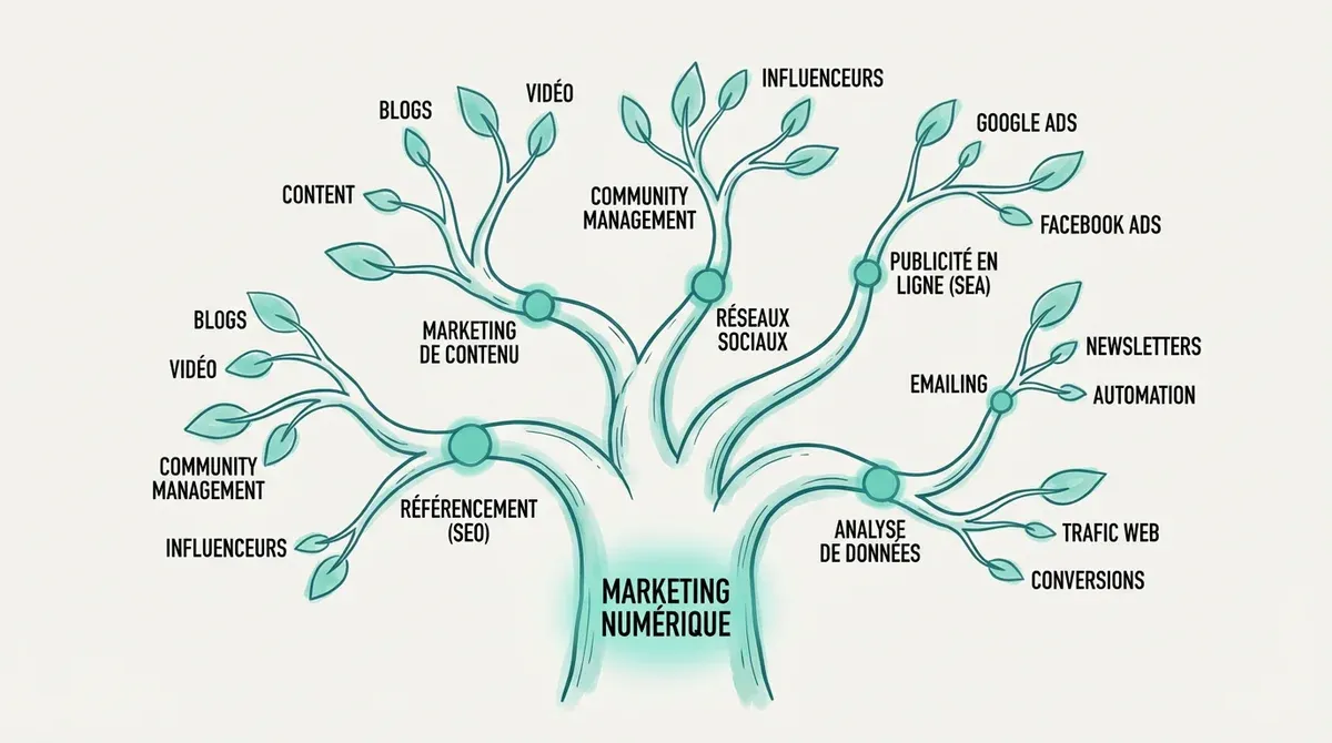 Exemple d'arborescence de cocon sémantique sur le thème du marketing digital avec pages mères et pag
