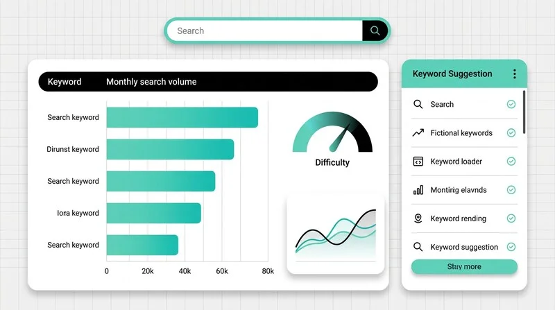 Tableau de bord d'un outil d'analyse de mots-clés avec graphiques de volumes