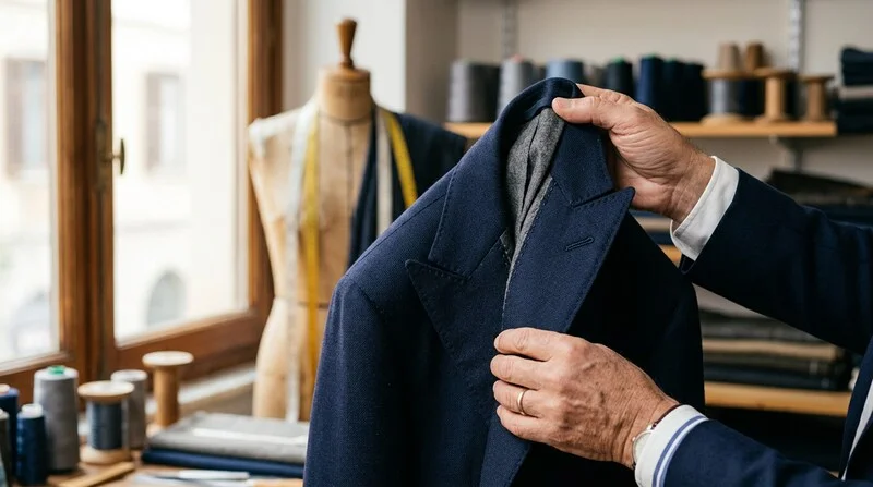 D&eacute;tail d'un revers de costume avec cran cass&eacute; et boutonni&egrave;re fleurie cousue main