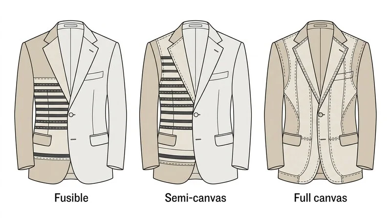 Illustration en coupe d'une veste de costume montrant les trois types d'entoilage : fusible, semi-canvas, full canvas
