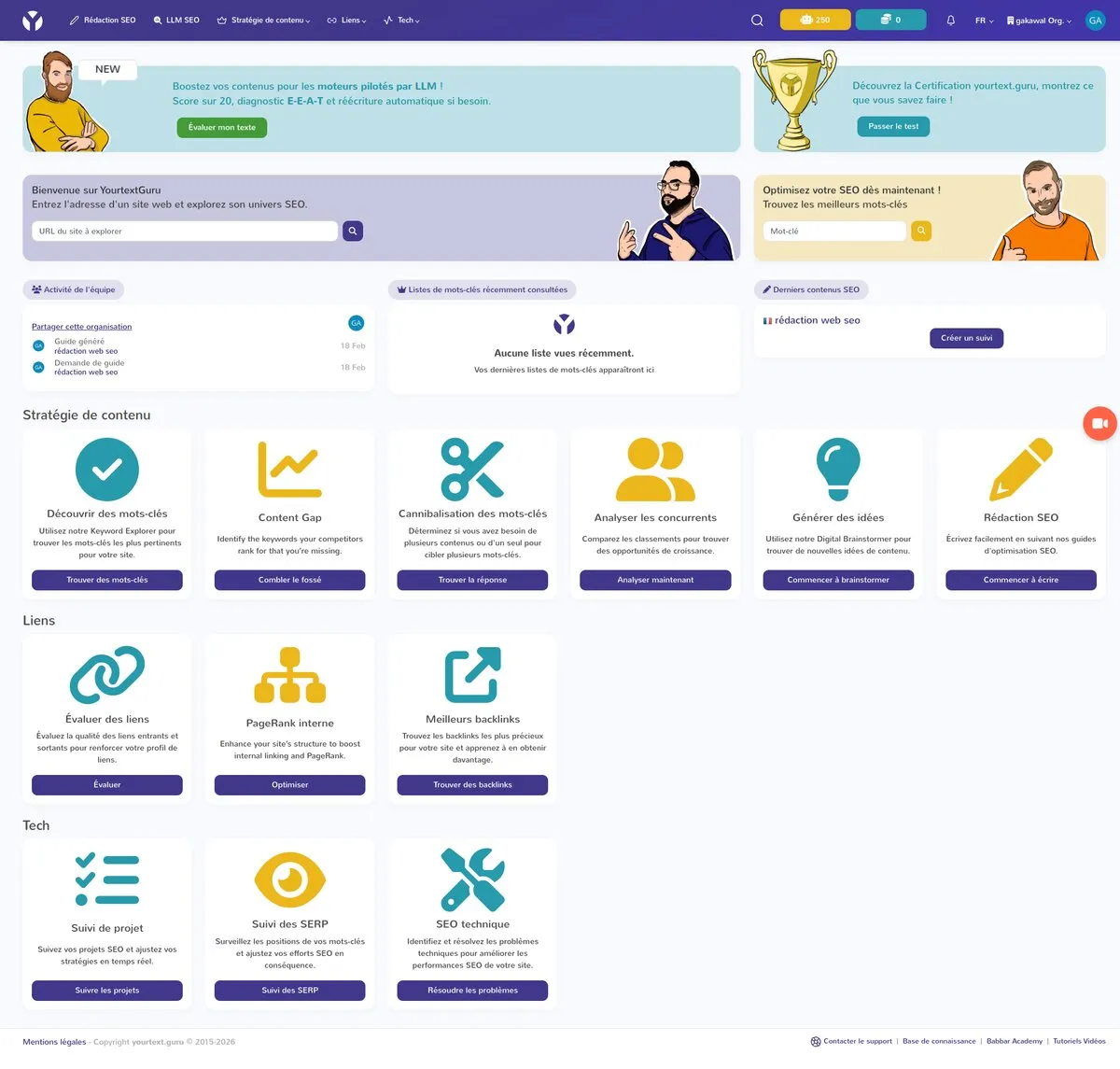 Dashboard YourTextGuru interface principale