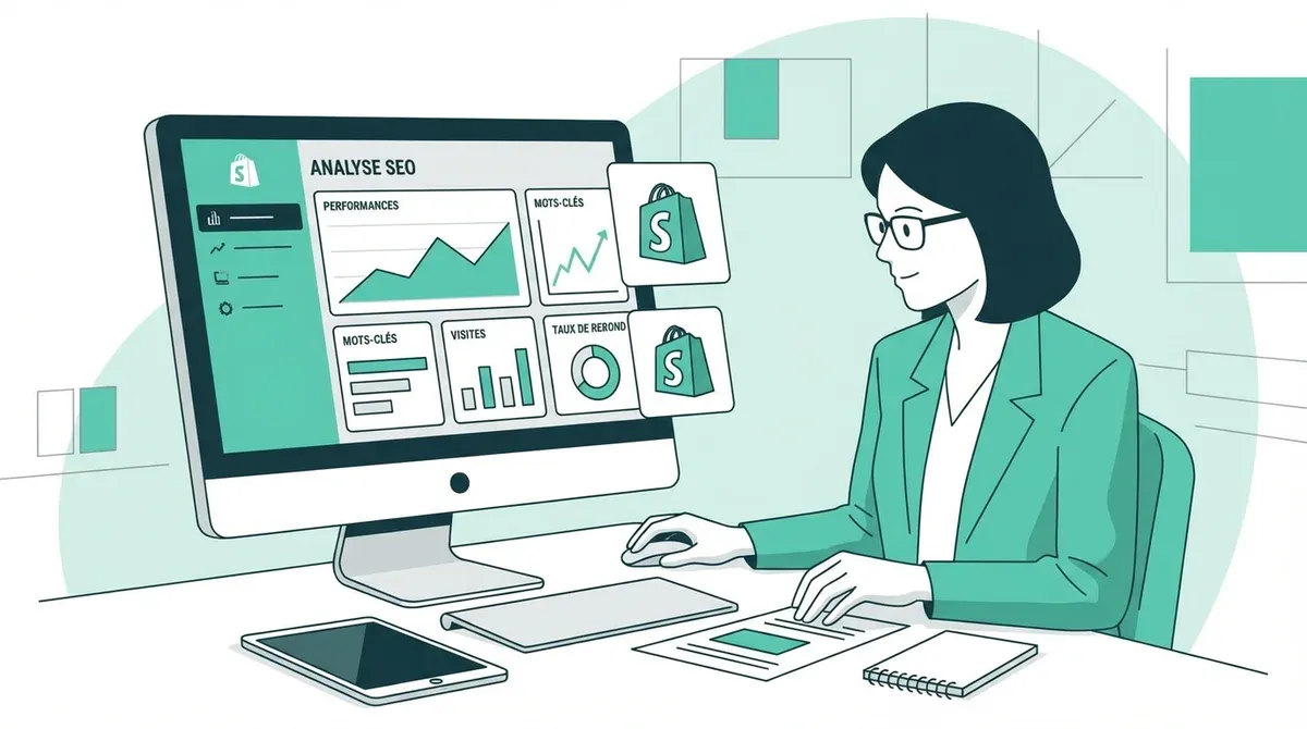 Expert SEO analysant les performances d'une boutique Shopify sur son écran
