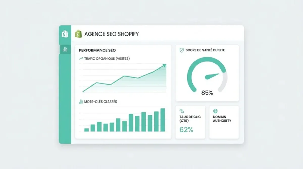 Dashboard montrant les métriques de performance SEO d'une boutique Shopify