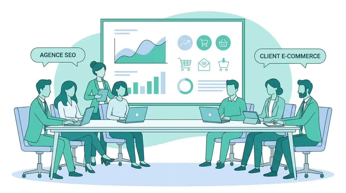 Réunion entre une équipe agence SEO et un client e-commerce