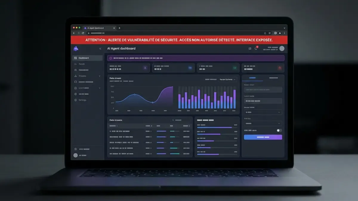 Capture écran montrant une interface agent IA exposée sur internet avec avertissement de sécurité rouge
