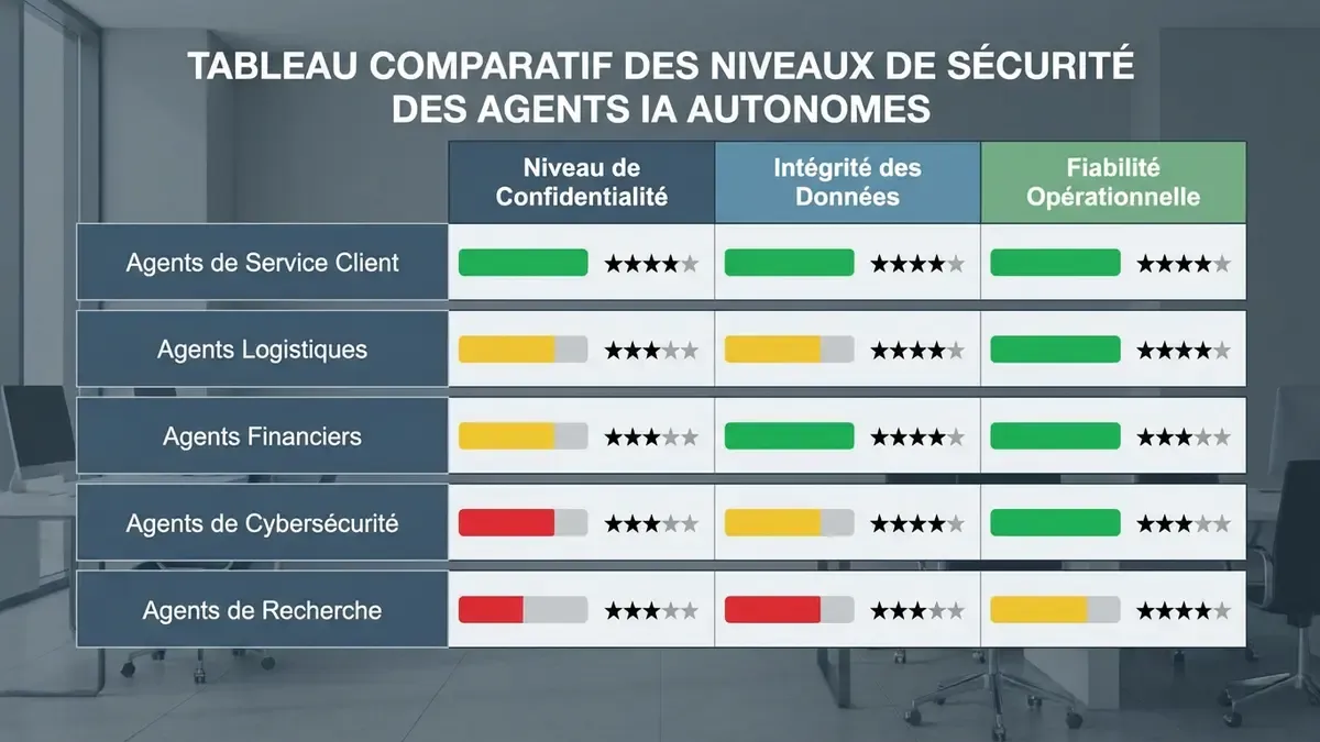 Tableau comparatif des niveaux de sécurité entre différents agents IA autonomes avec scores