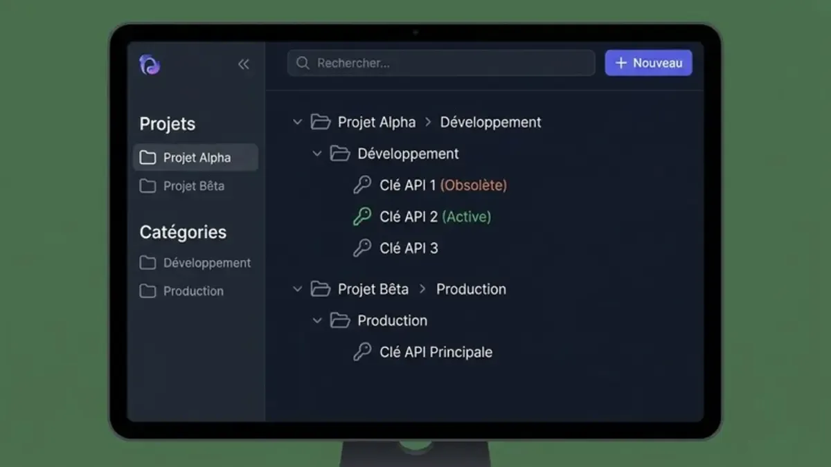 Interface de gestionnaire de secrets Vault avec organisation des clés API par projet et catégorie