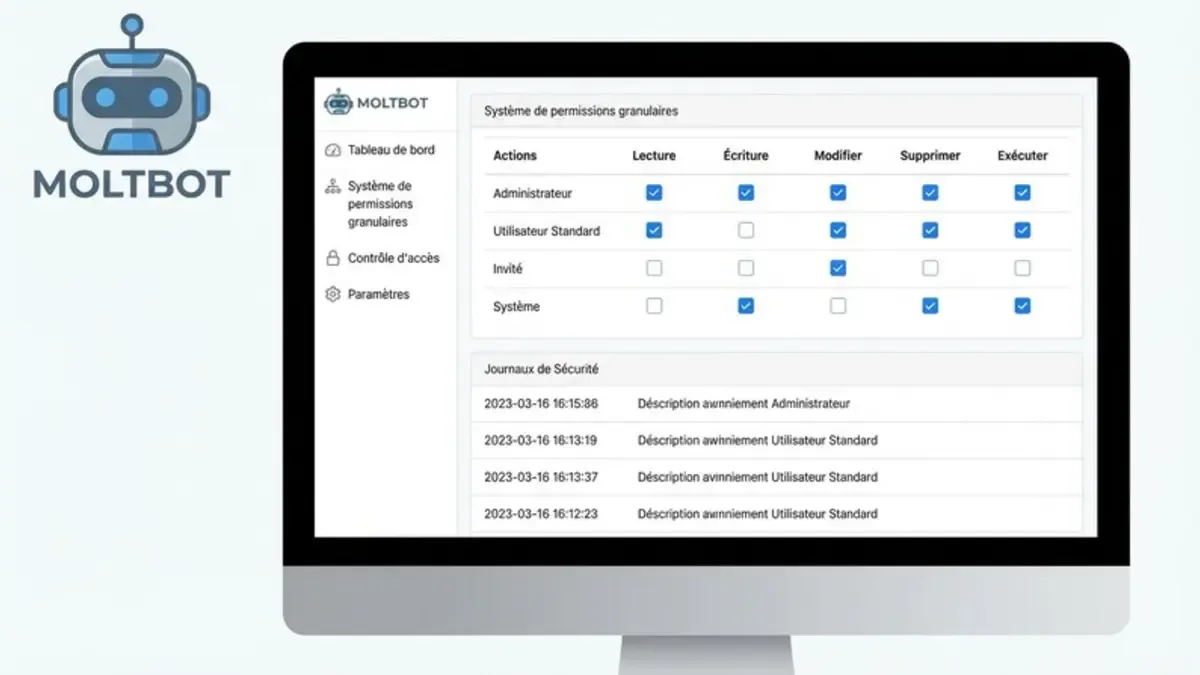 Logo et interface de MoltBot montrant le système de permissions granulaires pour chaque action
