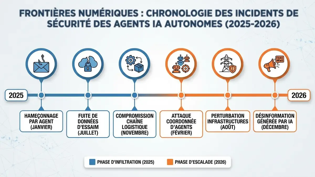 Chronologie des incidents de sécurité majeurs liés aux agents IA autonomes entre 2025 et 2026