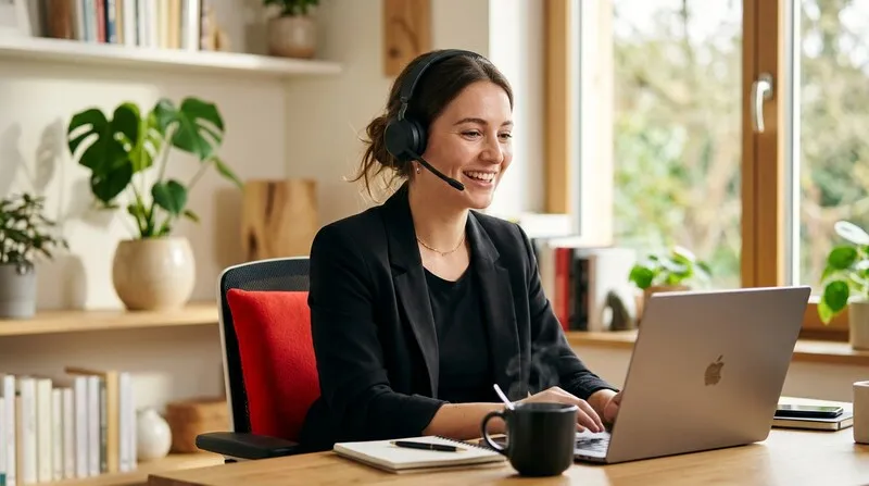 Closer freelance en rendez-vous visio à domicile avec casque audio et ordinateur portable