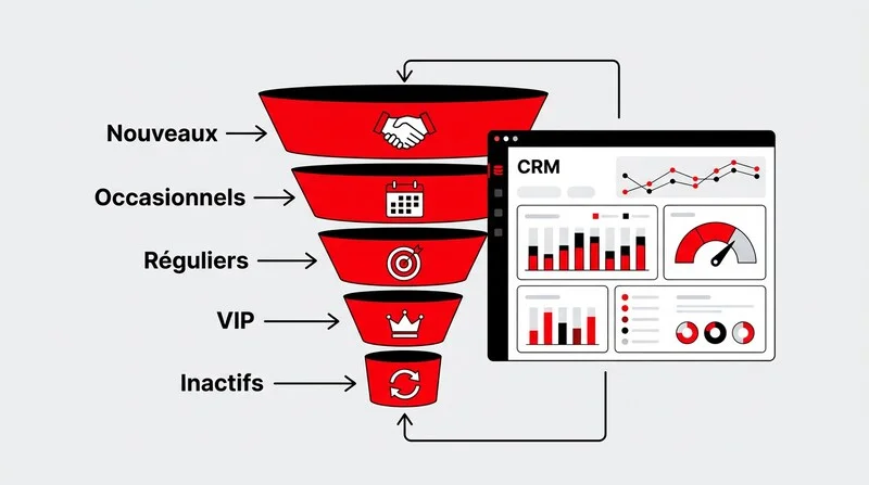 Illustration de la segmentation des clients en cinq tiers VIP, réguliers, occasionnels, inactifs et nouveaux