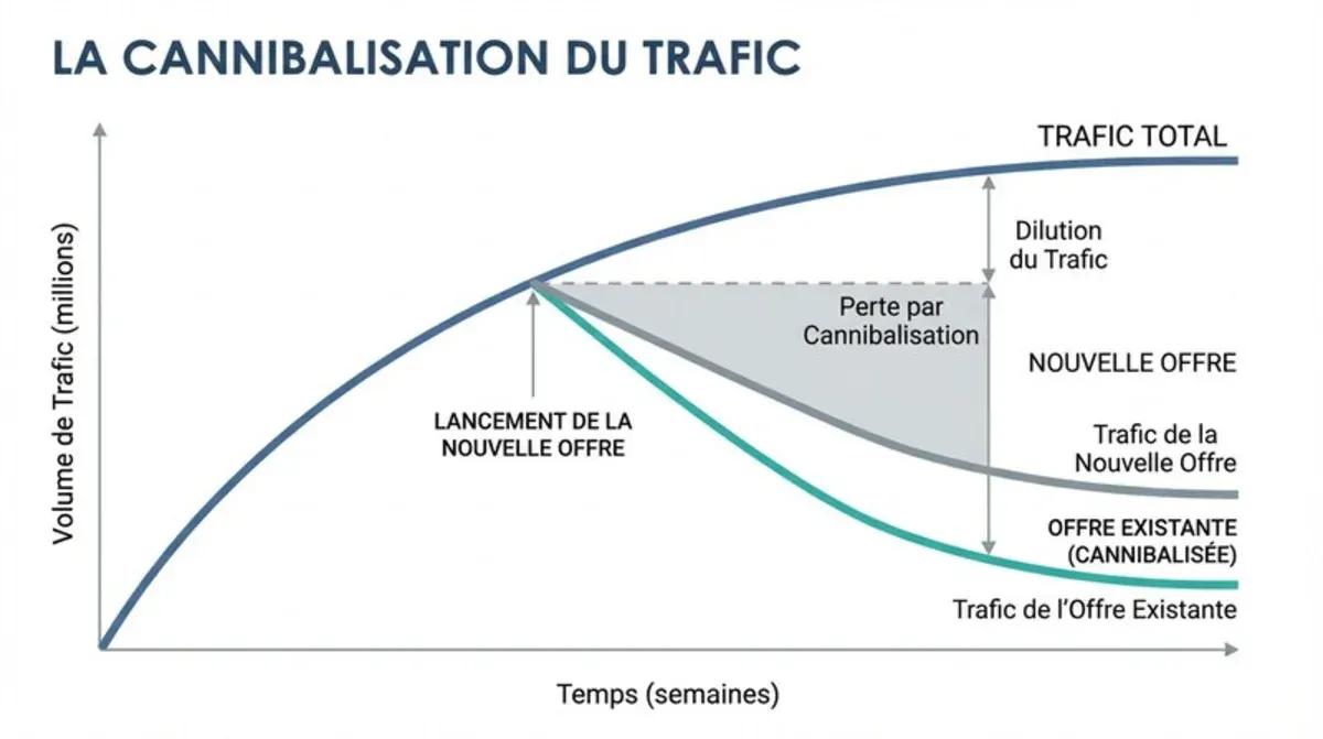 Graphique de dilution du trafic due à la cannibalisation SEO