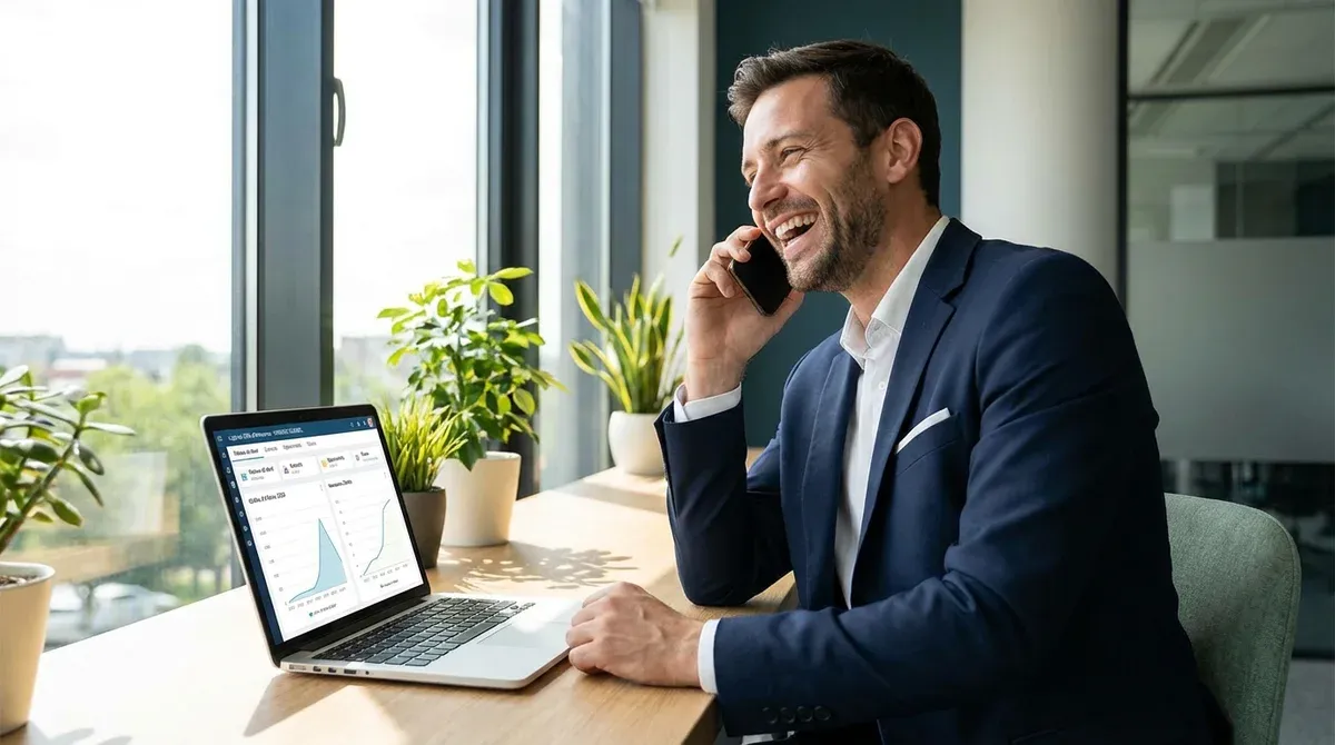 Commercial en costume téléphonant à son bureau avec un CRM