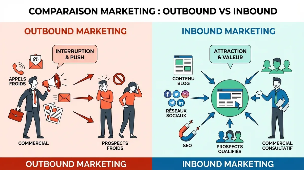 Schéma comparatif outbound vs inbound marketing