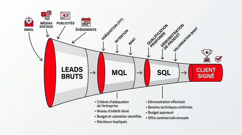 Schéma entonnoir de qualification de leads : Leads bruts, MQL, SQL, Client signé avec critères annotés