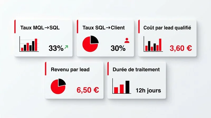 Tableau de bord avec 5 KPI de qualification leads : Taux MQL-SQL, Taux SQL-Client, Coût par lead qualifié, Revenu par lead, Durée de traitement