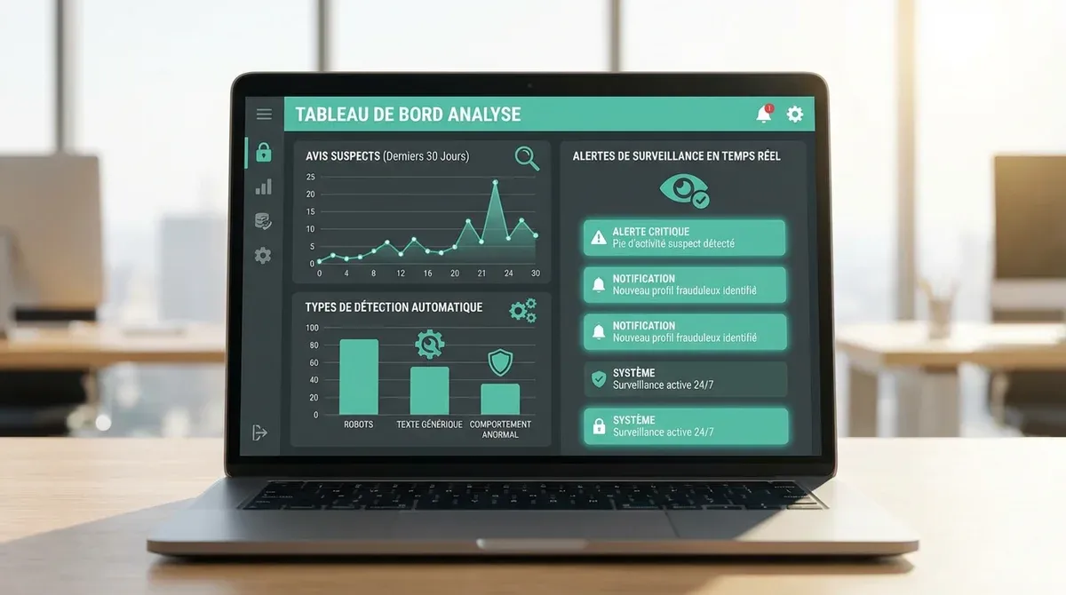 Dashboard d'analyse avec graphiques montrant des avis Google suspects, icônes de détection automatiq