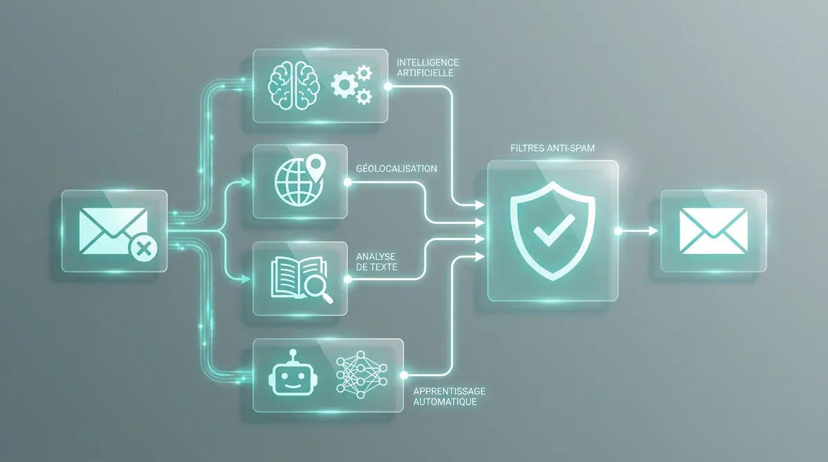 Schéma technique illustrant les filtres anti-spam de Google avec icônes IA, géolocalisation, analyse