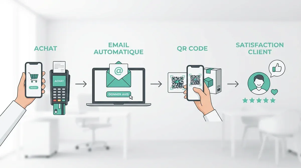 Parcours client illustré avec étapes de demande d'avis : achat, email automatique, QR code, satisfac