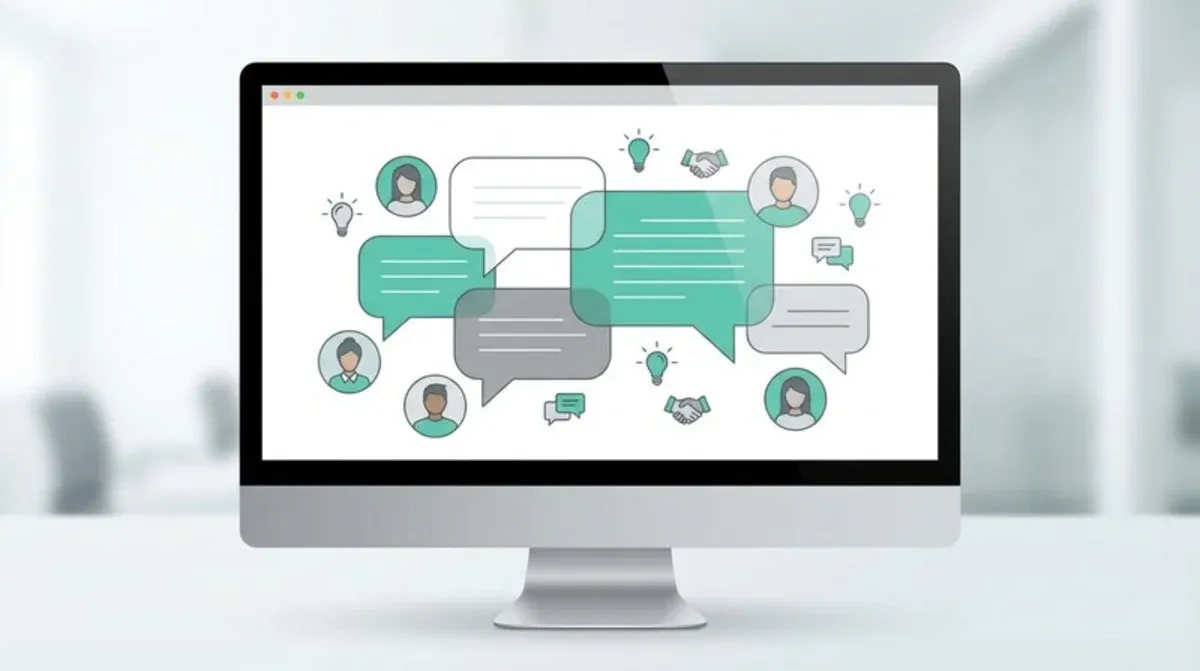 Illustration style forum en ligne avec bulles de discussion, avatars utilisateurs et icônes de parta