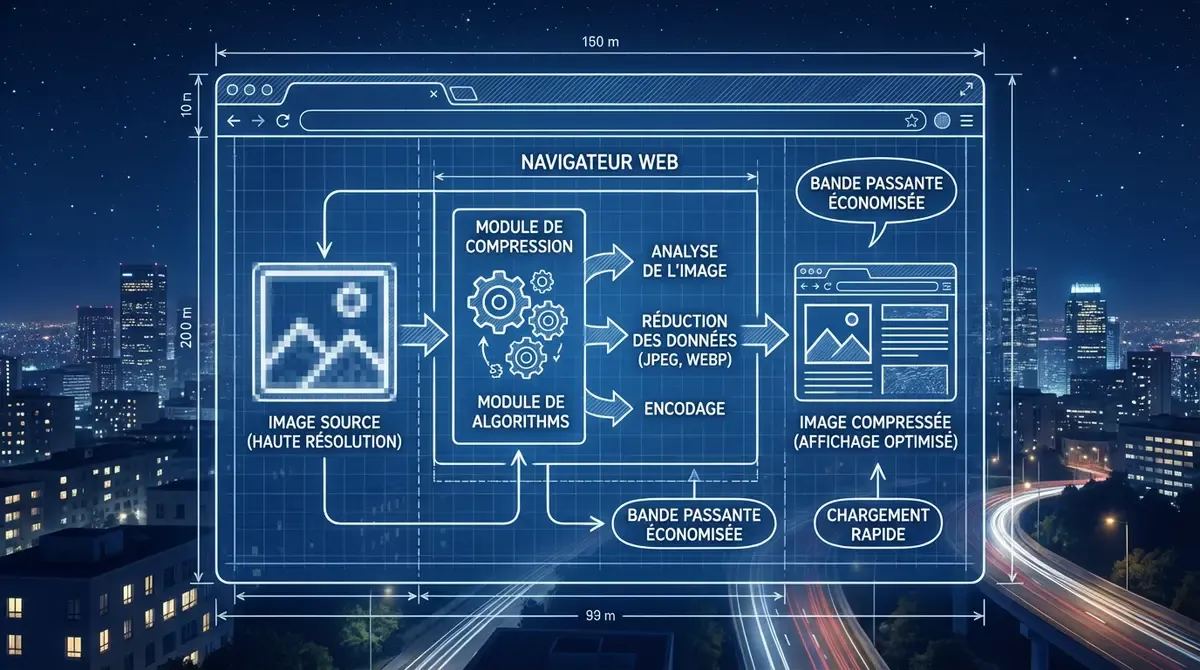 Schéma illustrant le processus de compression WebAssembly dans le navigateur
