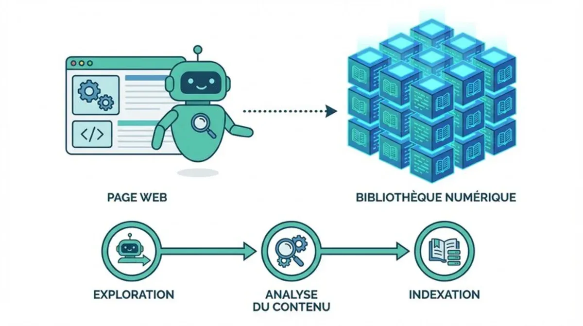 Schéma illustrant le processus d'indexation Google avec un robot qui explore une page web et l'ajout