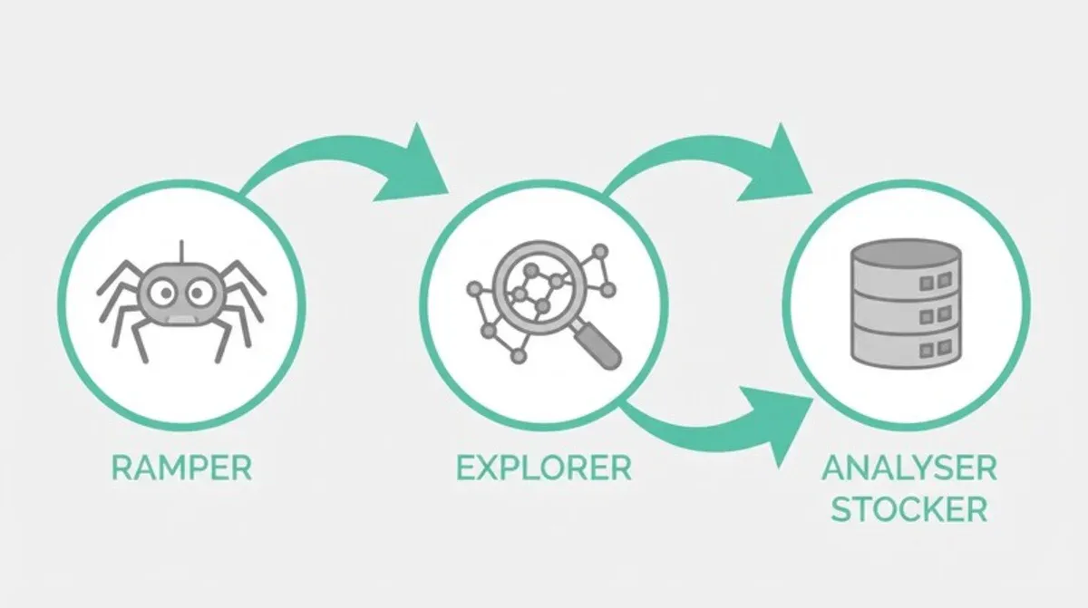 Infographie montrant les 3 étapes du processus d'indexation : exploration (crawl), analyse du conten