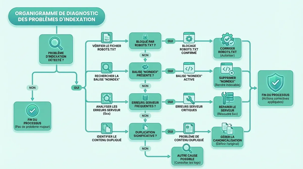 Diagramme de diagnostic des problèmes d'indexation avec les différentes causes possibles (robots.txt