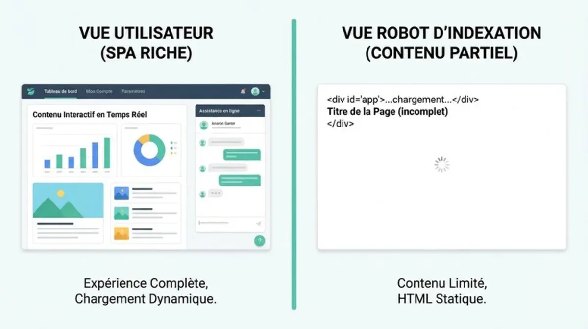 Comparaison côte à côte entre le rendu d'une page SPA pour un utilisateur et pour Googlebot, montran