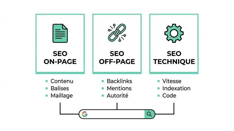 Schéma des trois piliers du SEO : on-page, off-page et technique