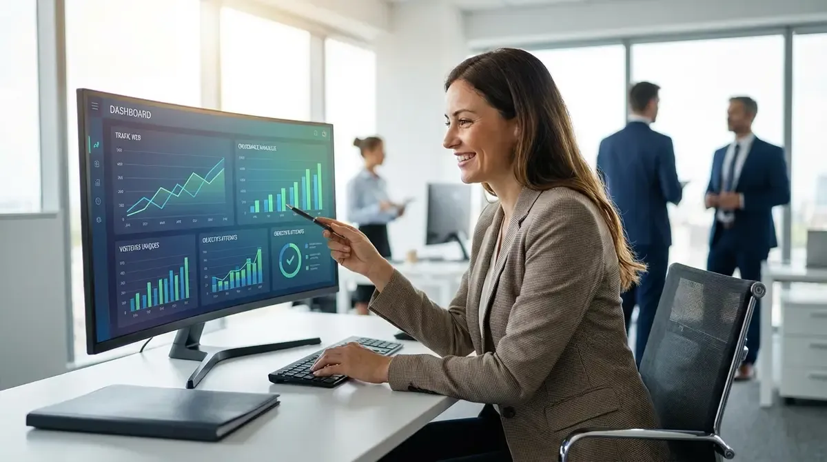 professionnel devant écran avec schéma de migration de site web, flèches de redirection URL, ambiance bureau moderne