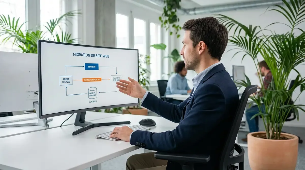 schéma comparatif des types de migrations SEO avec icônes distinctives, fond clair professionnel