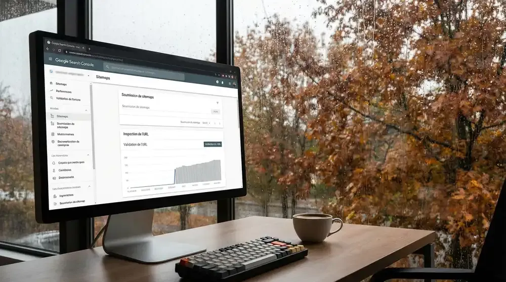 dashboard de monitoring SEO avec alertes d'erreurs 404, graphiques de couverture