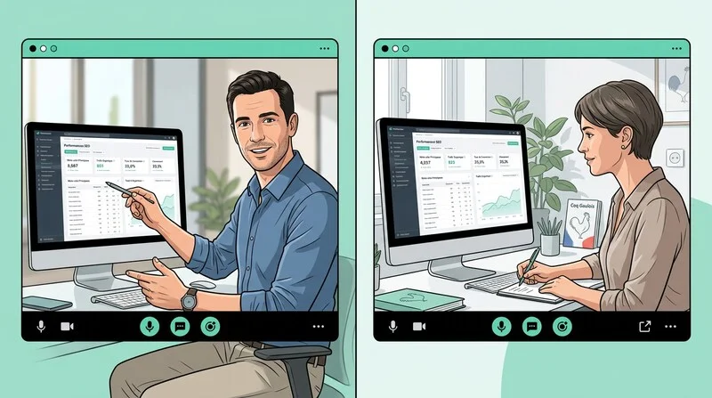 Illustration d'une séance de coaching SEO en visio entre un coach et une dirigeante de TPE