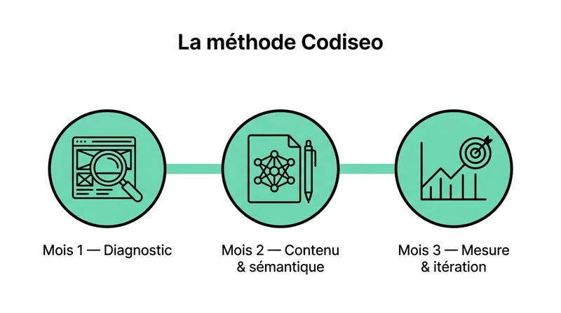Infographie présentant les 3 étapes clés d'un coaching SEO Codiseo sur 90 jours