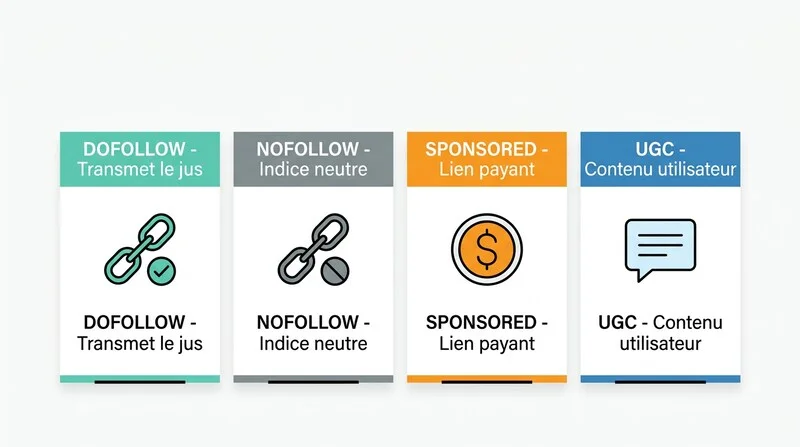 Infographie comparant les 4 attributs rel des liens SEO : dofollow, nofollow, sponsored et UGC