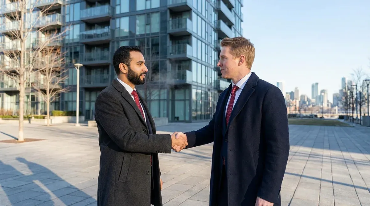 Poignée de main entre deux professionnels devant un immeuble moderne, ambiance business et confiance